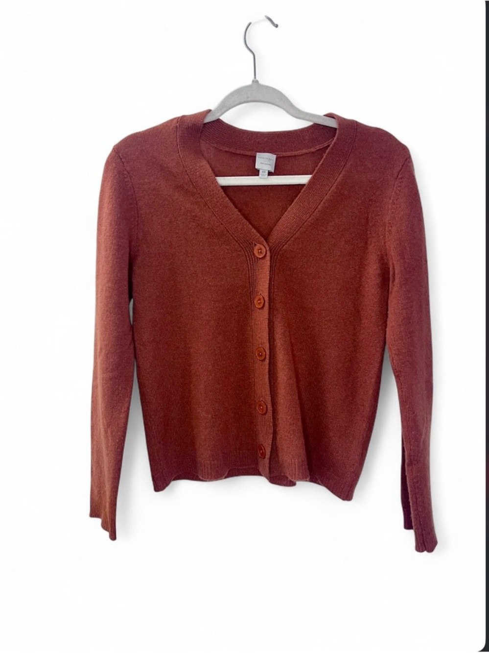 Nouveaux 100% Cashmere Cardigan XS Burnt Orange V Neck Button Front Sweater